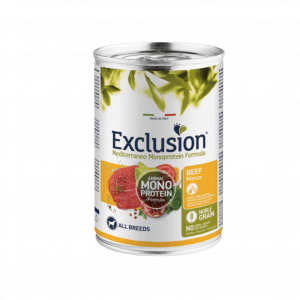 exclusion monoproteico manzo, exclusion umido per cani, cibo umido per cani,